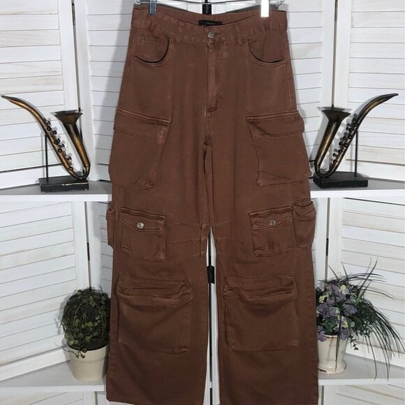Forever 21 Brown Cargo Carpenter Wide Leg High Rise Pants - Picture 3 of 15